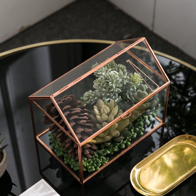 Levilan House Shape Close Glass Geometric Terrariumn Tabletop Succulent Plant Garden Geo Planter Moss Fern Swing Lid Reptile, Flower Pot for Plants Succulent, Air Plant (Rose Gold) - Image 3
